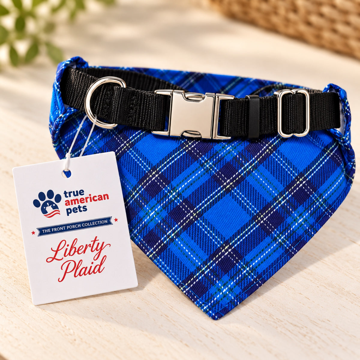 Liberty Plaid bandana collar - Tag and print close-up