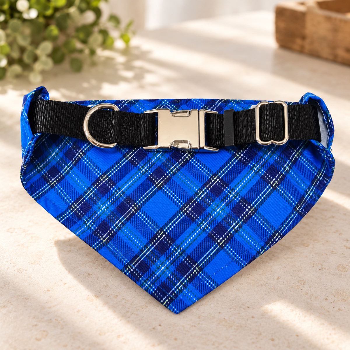 Liberty Plaid bandana collar - Buckle D-ring and slider close-up