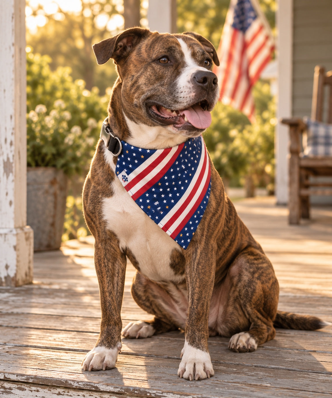 Brindle pit bull mix on a porch wearing the Sgt. Stubby stars-and-stripes bandana collar