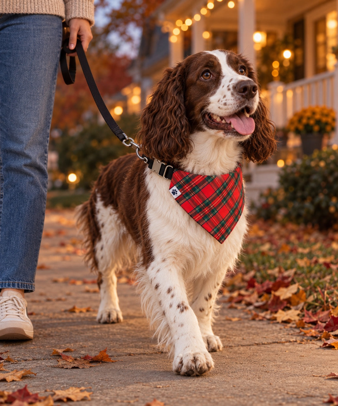 Springer spaniel on an autumn evening walk in The Homestead bandana collar