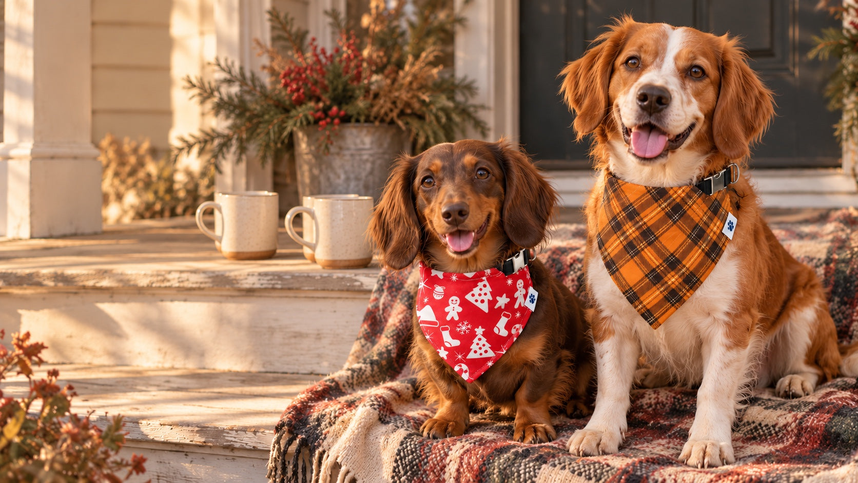 A dachshund in Yuletide and a spaniel in Harvest Moon on the porch