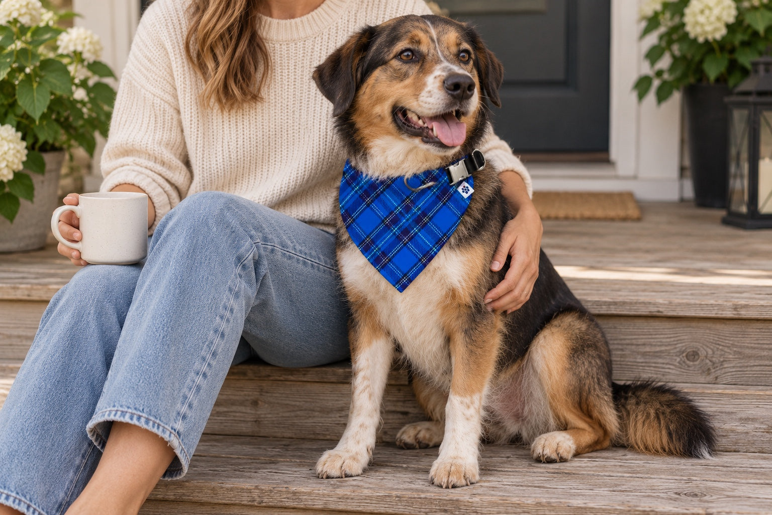 A dog in the Liberty Plaid bandana collar on porch steps with its person