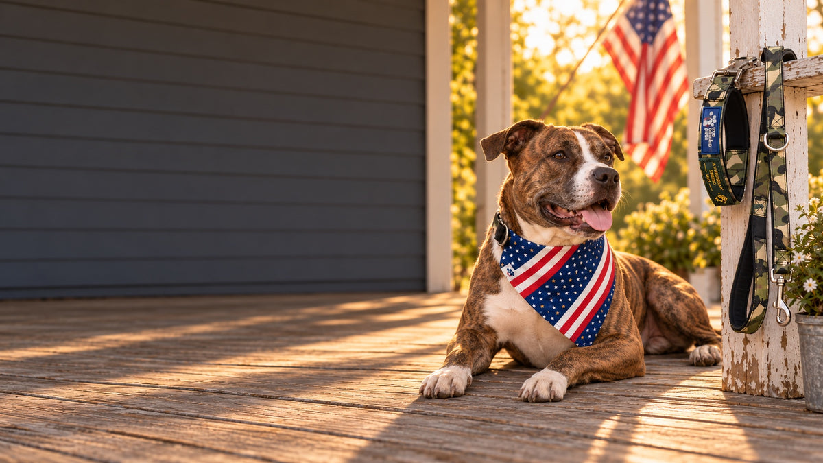 Brindle pit bull mix on a porch at golden hour in the Sgt. Stubby bandana collar, the camo collar and leash on the rail
