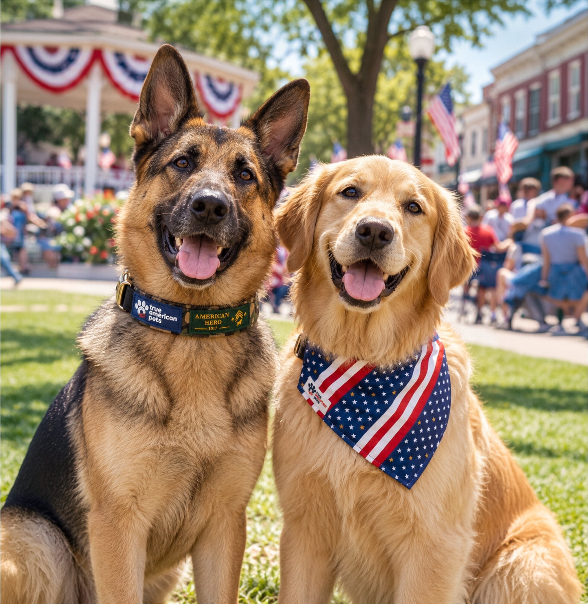 German shepherd in the Sgt. Stubby collar and golden retriever in the stars and stripes bandana at a town square parade