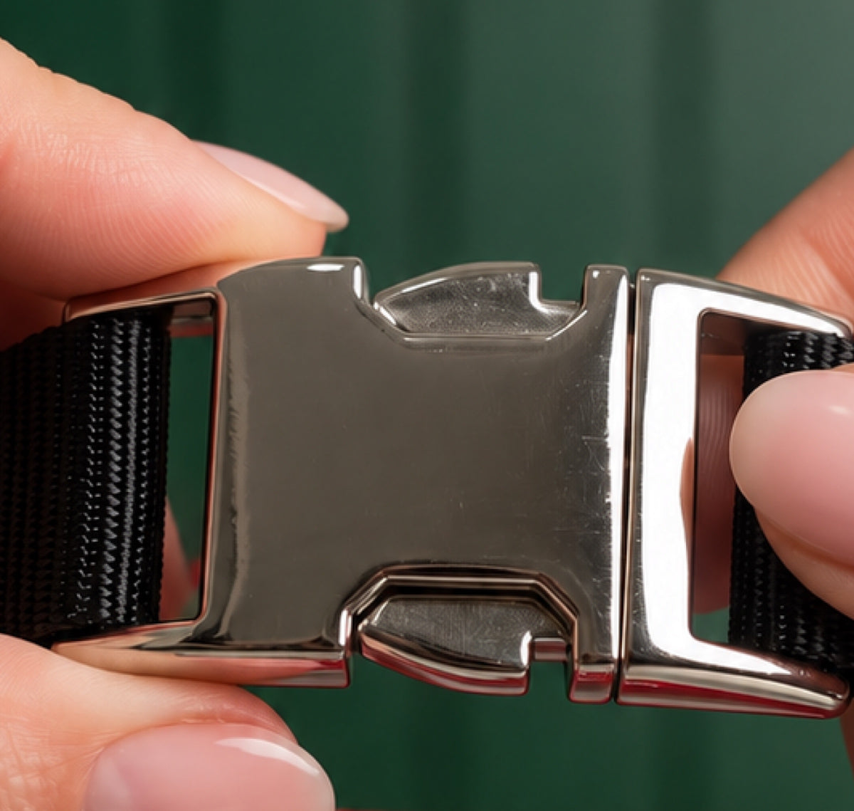 Hands holding the metal quick-release buckle on the black collar strap