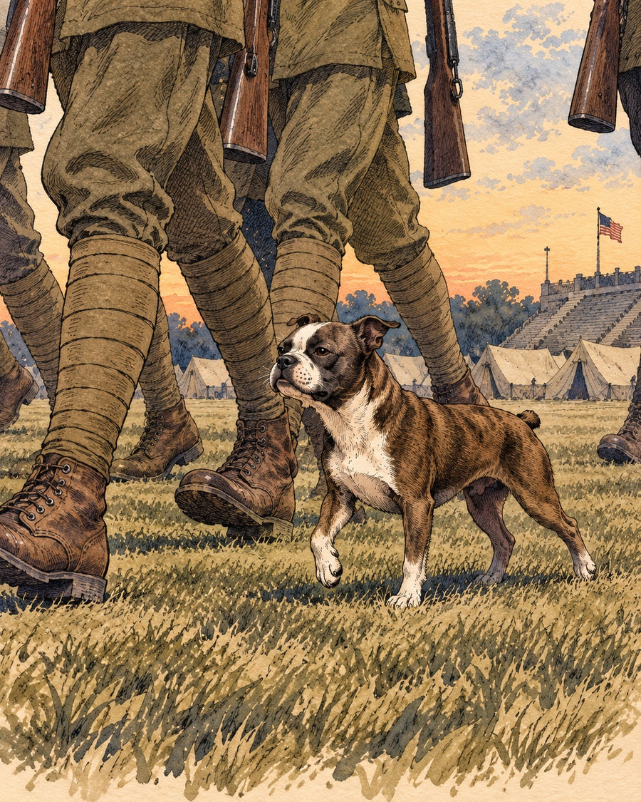 Illustration of Stubby walking among the boots of marching soldiers of the 102nd Infantry on the Yale drill field, 1917