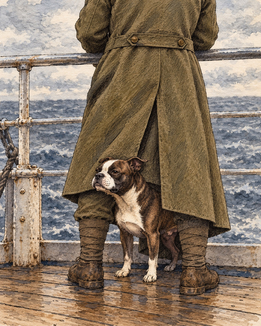 Illustration of Stubby tucked under a soldier's greatcoat at the rail of the troopship SS Minnesota, October 1917