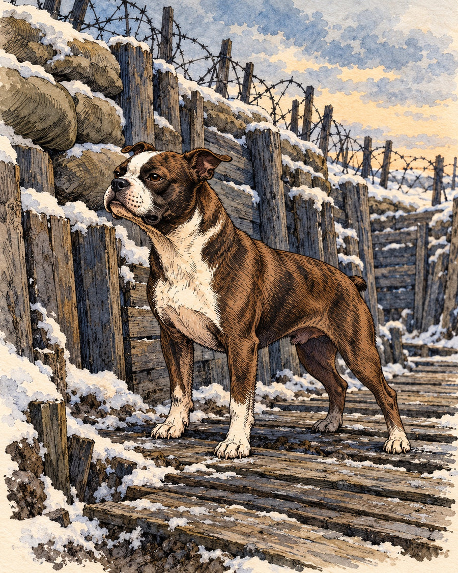 Illustration of Stubby standing guard in a snowy trench under barbed wire at the front, 1918