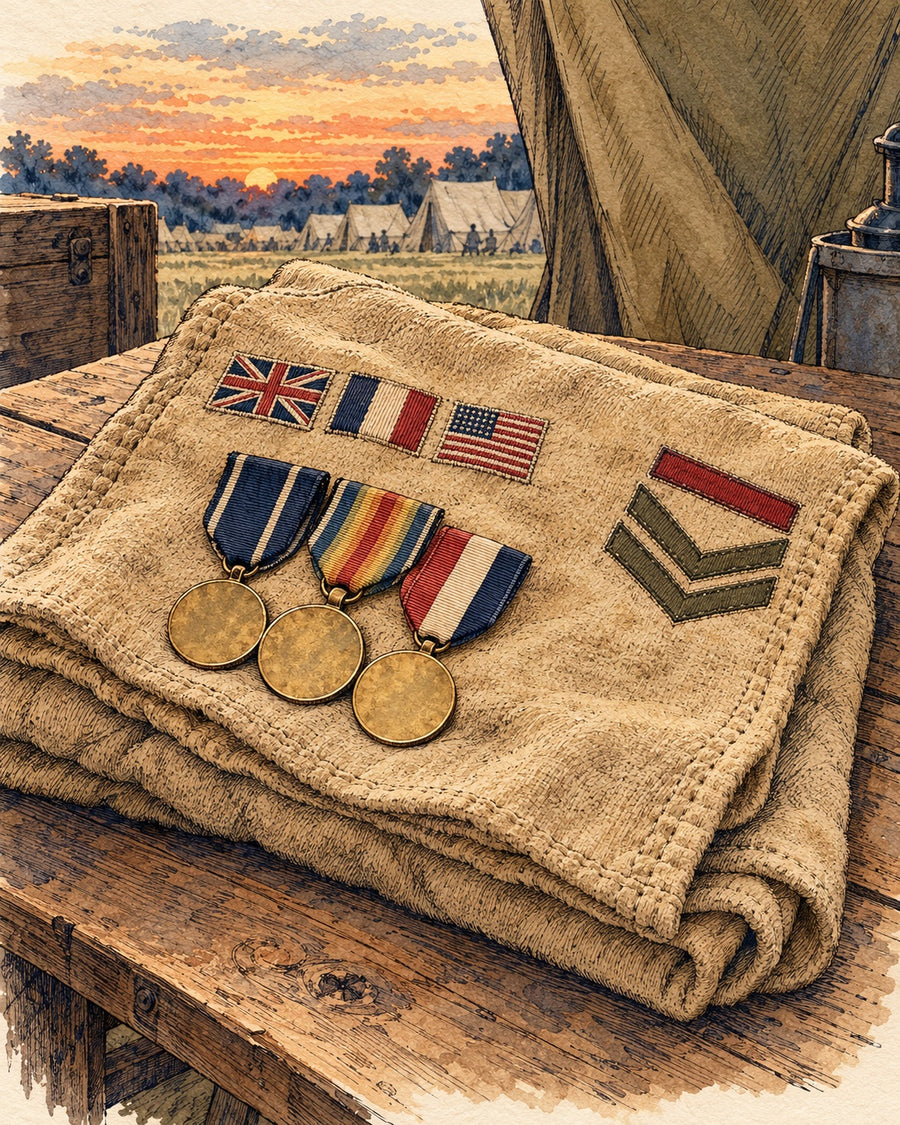 Illustration of Stubby's folded blanket on a camp table, with his medals, Allied flag patches and service chevrons